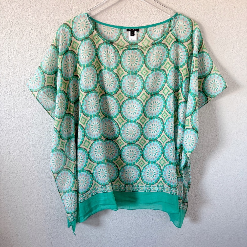 Talbots Cotton Silk Blend Geometric Print Sheer Kimono Top XS Airy Cover-Up